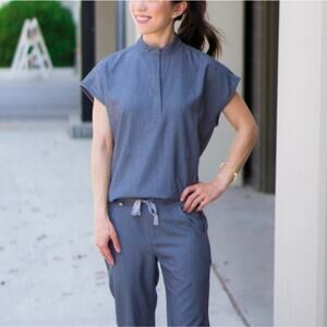 Figs Rafela Blue V Neck Short Sleeve Top S